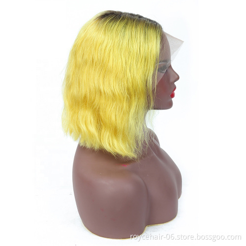 Wholesale 10A Raw Burmese Vrigin Human Hair Body Wave Curly Blunt Cut Ombre Yellow Colored Lace Front Bob Wig